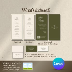 May include: An assortment of wedding stationery, including two menu designs, a thank you card, and place cards. The menus are in a classic style, and the place cards are available in flat and folded formats. The Canva logo is visible in the bottom right corner.