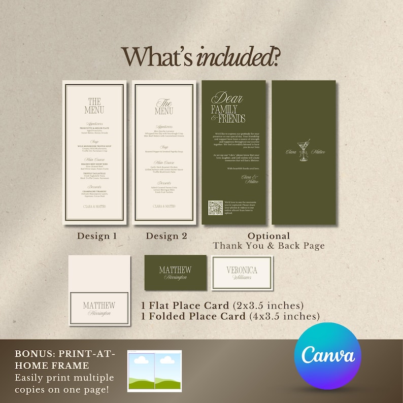 May include: An assortment of wedding stationery, including two menu designs, a thank you card, and place cards. The menus are in a classic style, and the place cards are available in flat and folded formats. The Canva logo is visible in the bottom right corner.