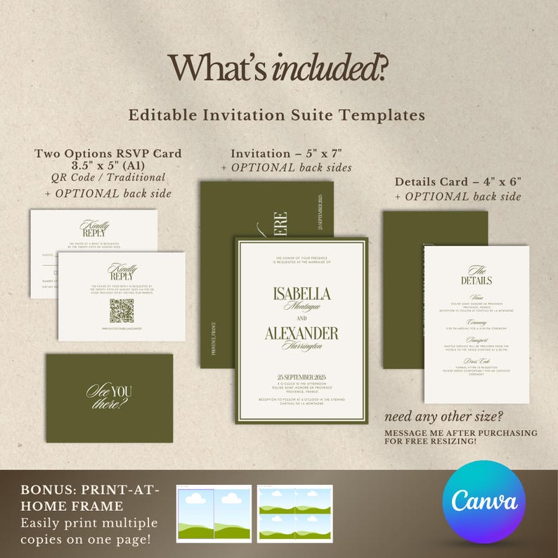 May include: An editable wedding invitation suite template set featuring olive green and white cards. Includes a 5x7 inch invitation, 3.5x5 inch RSVP cards with QR code options, and 4x6 inch details cards. Text includes Isabella and Alexander.