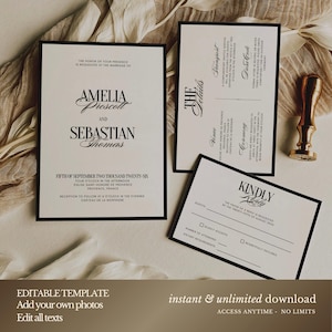 May include: Elegant wedding invitation suite with black text on cream-colored cards. The main invitation features the names Amelia Prescott and Sebastian Thomas. Includes details card, RSVP card, and a gold wax seal.