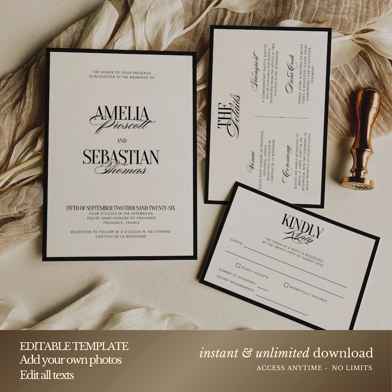 May include: Elegant wedding invitation suite with black text on cream-colored cards. The main invitation features the names Amelia Prescott and Sebastian Thomas. Includes details card, RSVP card, and a gold wax seal.