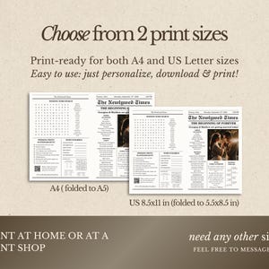 Pu&ograve; includere: Sono presentati due annunci di matrimonio in stile giornale, uno in formato A4 e uno in formato US Letter. I titoli recitano "The Newlywed Times" e "The Beginning of Forever". Il testo incoraggia la personalizzazione, il download e la stampa. &Egrave; incluso anche il testo "Stampa a casa o in una tipografia".