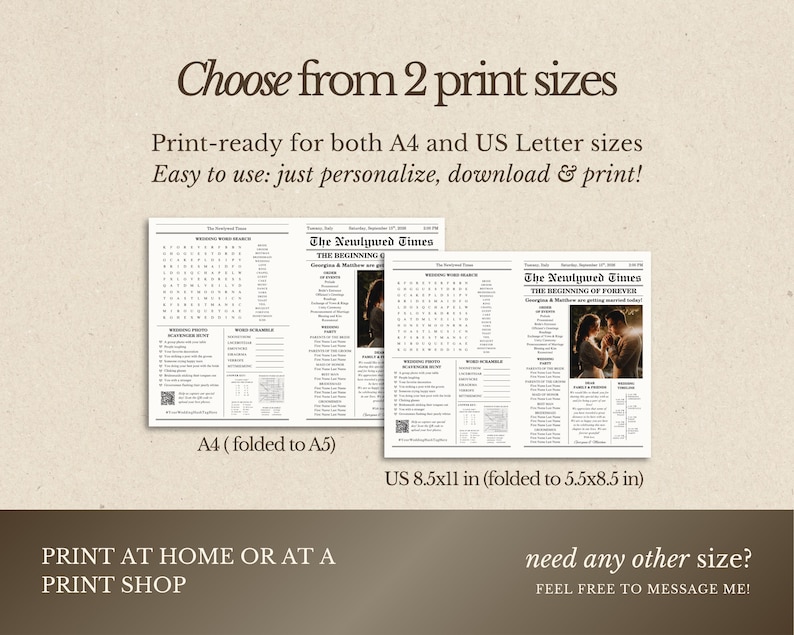Pu&ograve; includere: Sono presentati due annunci di matrimonio in stile giornale, uno in formato A4 e uno in formato US Letter. I titoli recitano "The Newlywed Times" e "The Beginning of Forever". Il testo incoraggia la personalizzazione, il download e la stampa. &Egrave; incluso anche il testo "Stampa a casa o in una tipografia".