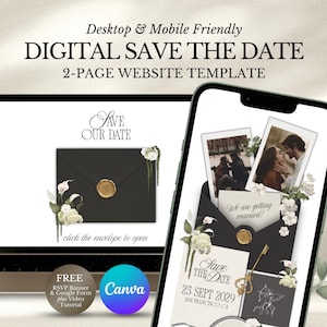 May include: A digital save-the-date template displayed on a laptop and smartphone. The design features a black envelope with a gold wax seal, floral accents, and the text "Save Our Date." The smartphone shows photos and the text "We are getting married!"