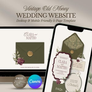 Deep Olive and Burgundy Wedding Website with RSVP Template, Old Money Digital Invitation, Canva Editable, Custom Instant Download