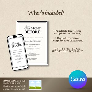 May include: A digital invitation template with the text "The Night Before" in a classic font. The image includes a smartphone displaying the invitation design, a printed invitation, and Canva branding. The invitation is 5x7 inches.