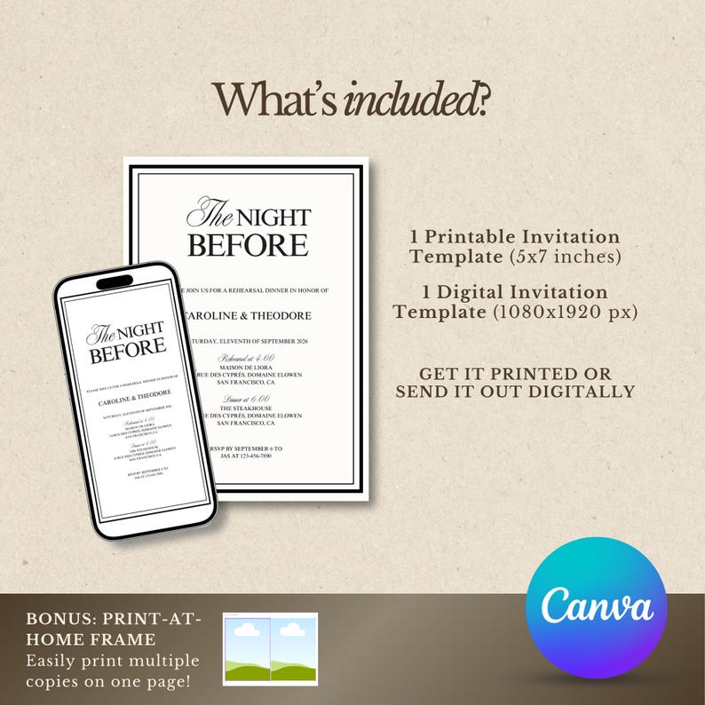 May include: A digital invitation template with the text "The Night Before" in a classic font. The image includes a smartphone displaying the invitation design, a printed invitation, and Canva branding. The invitation is 5x7 inches.