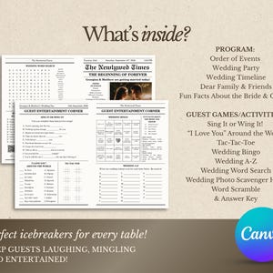 Pu&ograve; includere: Fogli di gioco per matrimoni con design in stile giornale. I fogli includono una ricerca di parole, richieste di completamento e giochi a tema matrimonio. Il testo sull'immagine recita "What's inside?" e "perfect icebreakers for every table!"