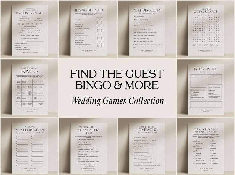 Pu&ograve; includere: Una collezione di giochi per matrimoni stampati su carta bianco sporco. I giochi includono "He Said She Said", "Wedding Quiz", "Find the Guest Bingo" e un cruciverba. Viene visualizzato anche il testo "Find the Guest Bingo & More" e "Wedding Games Collection".