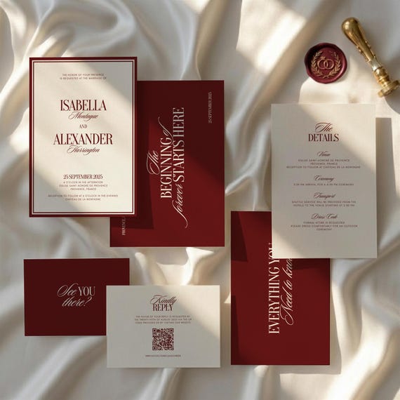 Luxury Old Money Wedding Invitation Suite Template, Elegant Red and Cream Invitation Set, Timeless Wedding Invite, Instant Download OM02