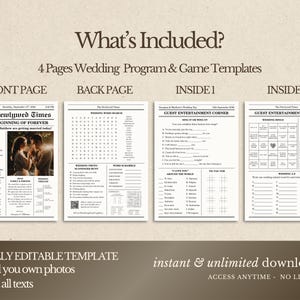 Pu&ograve; includere: Un modello di programma di matrimonio di quattro pagine. La prima pagina &egrave; progettata come un giornale, con una foto della coppia. La pagina posteriore ha una ricerca di parole e una caccia al tesoro. Le pagine interne includono giochi. Il testo include "What's Included?" e "Fully Editable Template."