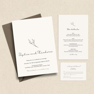 Minimalist Wedding Invitation Set: Modern Script, Botanical Accents (Digital Download, Printable Canva Template)