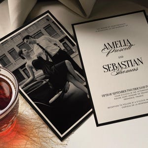 May include: Wedding invitation with a black and white photo of a couple, and a separate invitation card with the names Amelia Prescott and Sebastian Thomas. The invitation text is in black on a white background.
