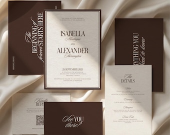 May include: A wedding invitation suite featuring dark brown and cream-colored cards with elegant serif typography. The set includes a main invitation, details card, and response card with text including Isabella Montague and Alexander Harrington.