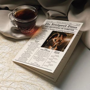 Pu&ograve; includere: Un giornale di nozze intitolato "The Newlywed Times" con il titolo "The Beginning of Forever". Il giornale include una foto di una coppia, i dettagli del matrimonio e una timeline. Una tazza di t&egrave; di vetro &egrave; nelle vicinanze.