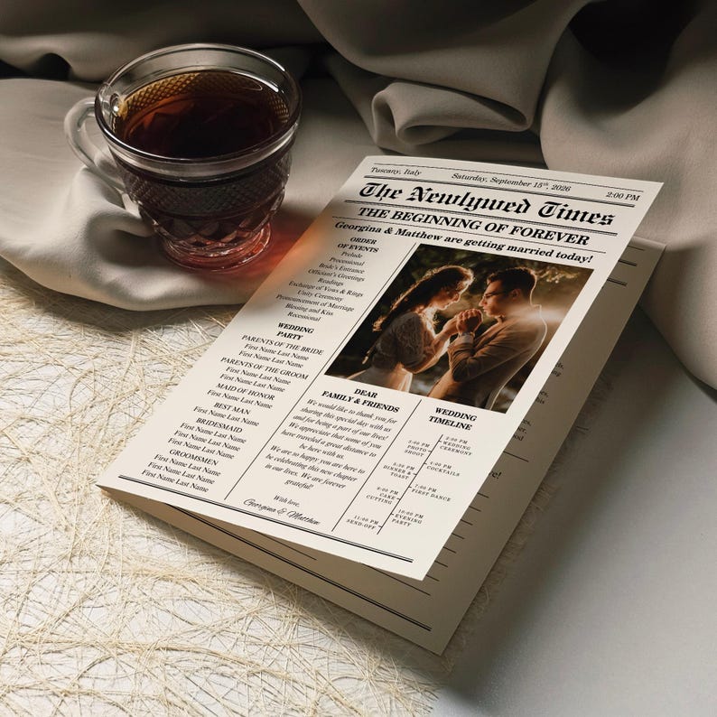 Pu&ograve; includere: Un giornale di nozze intitolato "The Newlywed Times" con il titolo "The Beginning of Forever". Il giornale include una foto di una coppia, i dettagli del matrimonio e una timeline. Una tazza di t&egrave; di vetro &egrave; nelle vicinanze.