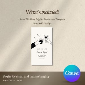K&ouml;nnte beinhalten: Eine digitale Save-the-Date-Einladungsvorlage mit minimalistischem Design. Die Einladung zeigt eine schwarze Strichzeichnung von zwei H&auml;nden, die mit Getr&auml;nken ansto&szlig;en. Der Text enth&auml;lt die Namen "Liana & Rafael" und Veranstaltungsdetails. Gr&ouml;&szlig;e: 1080x1920px.