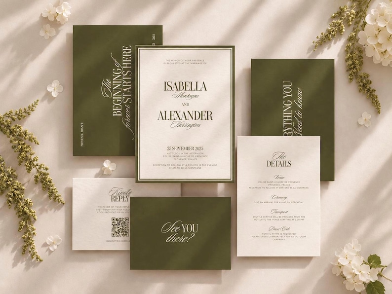 May include: A wedding invitation suite featuring olive green and cream-colored cards with elegant serif typography. The set includes a main invitation for Isabella and Alexander, a details card, a reply card with a QR code, and small enclosure cards.