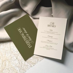 May include: Two rectangular wedding invitation cards. One card is olive green with the white text "EVERYTHING YOU Need to know" printed vertically. The second card is cream-colored with black text detailing "The DETAILS," "Venue," "Ceremony," "Transport," and "Dress Code" for an event in Provence, France.