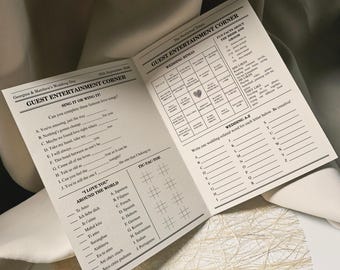 Wedding Table Games Template, Newspaper Custom Wedding Program & Reception Activities, Wedding Word Search, Find The Guest Bingo