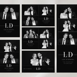 Könnte beinhalten: Eine Sammlung von schwarz-weißen Fotostreifen und Abzügen eines Paares. Jedes Layout enthält die Initialen LD, die Namen Lea & Daniel sowie den Text The Wedding 12 June 2027. Die Bilder zeigen das Paar in verschiedenen Posen.