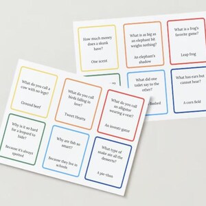 May include: A set of colorful cards with questions and answers for a game of trivia. The cards are printed with a variety of colors and have a fun, playful design.