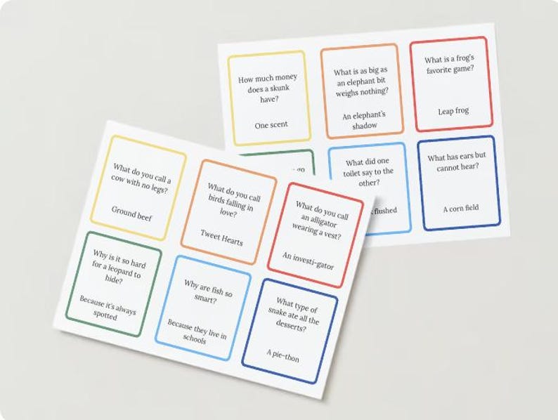 May include: A set of colorful cards with questions and answers for a game of trivia. The cards are printed with a variety of colors and have a fun, playful design.