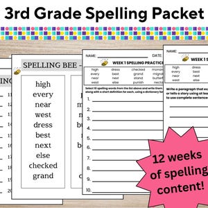 Könnte beinhalten: Ein 3rd Grade Spelling Packet mit mehreren Seiten. Die Seiten enthalten Wortlisten, Übungen und eine rosa Sternburst-Grafik mit der Aufschrift "12 Wochen Rechtschreibinhalt!". Das Paket ist für Grundschüler konzipiert.