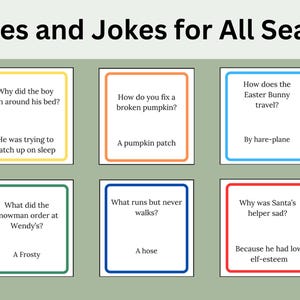 May include: A set of six colorful cards with riddles and jokes for each season. The cards are yellow, orange, blue, green, red, and dark blue. The text on the cards includes: "Why did the boy run around his bed?", "How do you fix a broken pumpkin?", "How does the Easter Bunny travel?", "What did the snowman order at Wendy's?", "What runs but never walks?", and "Why was Santa's helper sad?"