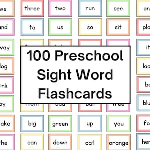 May include: A set of 100 colourful flashcards with sight words for preschoolers. The flashcards are in various colours, including pink, blue, green, yellow, and orange. Each card has a single word printed in black text.