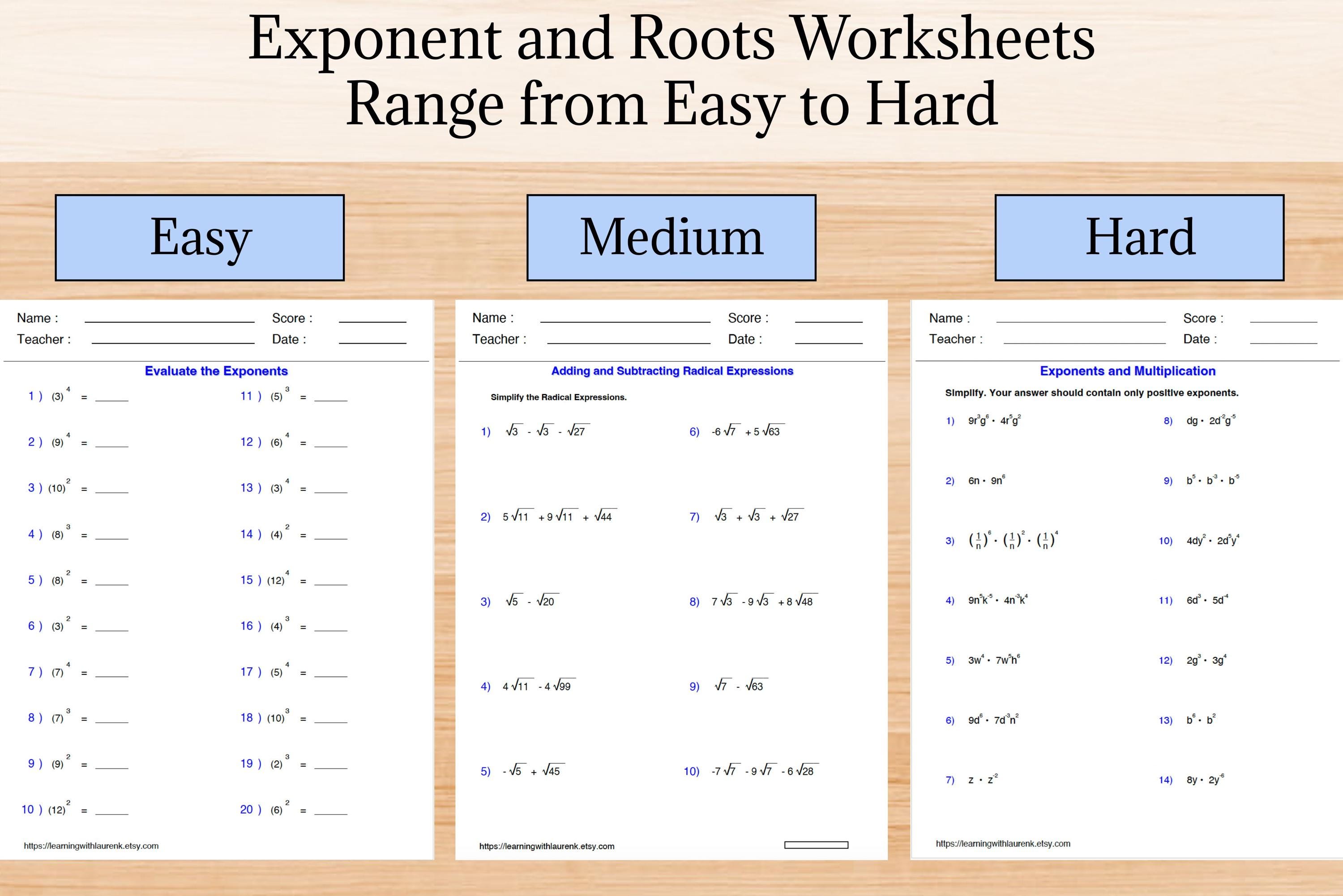 50+ Exponents and Roots Worksheet Math Packet | Math Workbook Grade 4-8 ...