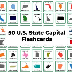 50 US State Capital Flashcards | Leer de hoofdsteden van de Verenigde Staten kennen | Amerikaans geografie-werkblad| 50 downloads van Amerikaanse staatshoofdsteden
