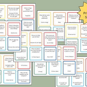 May include: A set of 34 printable cards with colorful borders and text. Each card features a question and answer in a fun, kid-friendly style. The cards are designed to encourage thinking and learning.