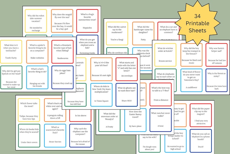 May include: A set of 34 printable cards with colorful borders and text. Each card features a question and answer in a fun, kid-friendly style. The cards are designed to encourage thinking and learning.