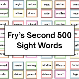Pode incluir: Um gráfico educativo colorido com palavras da lista Fry's Second 500. Cada palavra é exibida em uma caixa retangular com uma borda de cor pastel diferente. O título "Fry's Second 500 Sight Words" é exibido no centro.