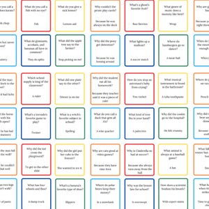 May include: A colorful set of 64 cards with questions and answers printed on them. The cards are arranged in a grid pattern and have a white background with a colorful border. The questions and answers are written in black text. The cards are designed for a game or activity.