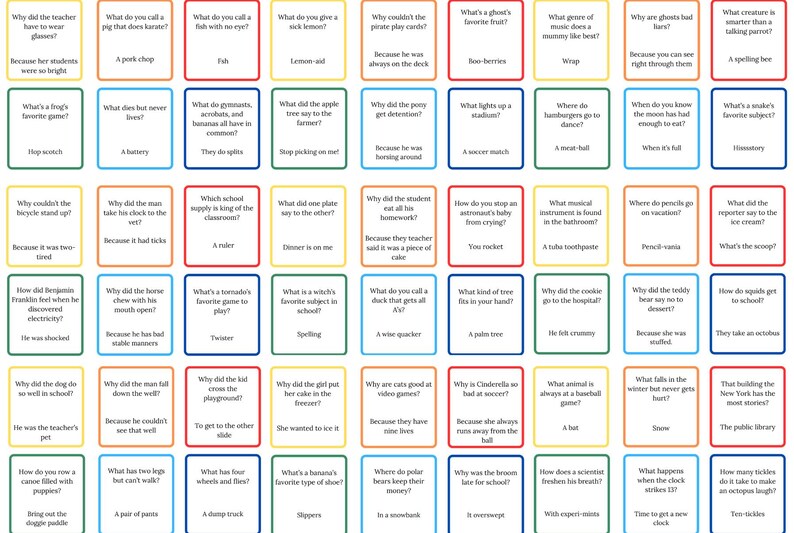 May include: A colorful set of 64 cards with questions and answers printed on them. The cards are arranged in a grid pattern and have a white background with a colorful border. The questions and answers are written in black text. The cards are designed for a game or activity.