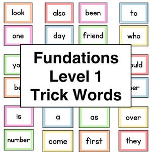 May include: A colourful chart with the words "Fundations Level 1 Trick Words" and a grid of 24 colourful squares, each containing a different sight word.