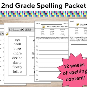 May include: A 2nd Grade Spelling Packet with multiple worksheets. The worksheets include spelling practice, spelling bee activities, and writing prompts. The packet features a pink starburst graphic that says "12 weeks of spelling content!"