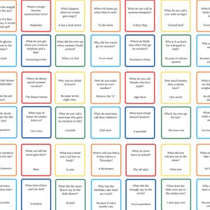 May include: A colorful set of 64 cards with a variety of questions and answers. The cards are arranged in a grid pattern and are bordered in red, blue, green, yellow, and orange. The cards are designed to be used for a game or activity.