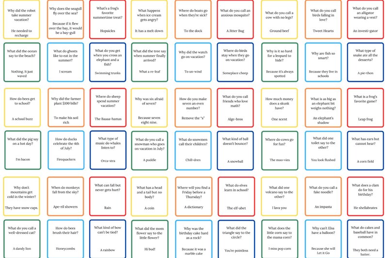 May include: A colorful set of 64 cards with a variety of questions and answers. The cards are arranged in a grid pattern and are bordered in red, blue, green, yellow, and orange. The cards are designed to be used for a game or activity.