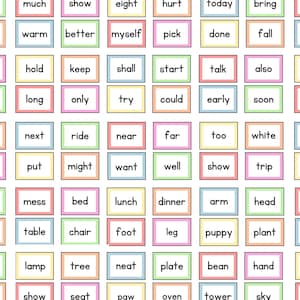 Puede incluir: Una cuadr&iacute;cula de tarjetas did&aacute;cticas coloridas con palabras comunes como "clean", "hot" y "also". Cada tarjeta presenta una palabra diferente en una fuente clara, ideal para j&oacute;venes lectores y actividades educativas.