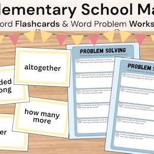 Puede incluir: Material educativo de matemáticas con tarjetas y hojas de trabajo. La imagen muestra tarjetas con palabras clave matemáticas como "altogether" y "divided among". También se ven hojas de trabajo con problemas, con el título "Problem Solving".