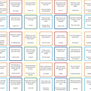 May include: A set of 36 colorful cards with questions and answers on them. The cards are arranged in a grid pattern and each card has a white border. The questions and answers are written in black text.
