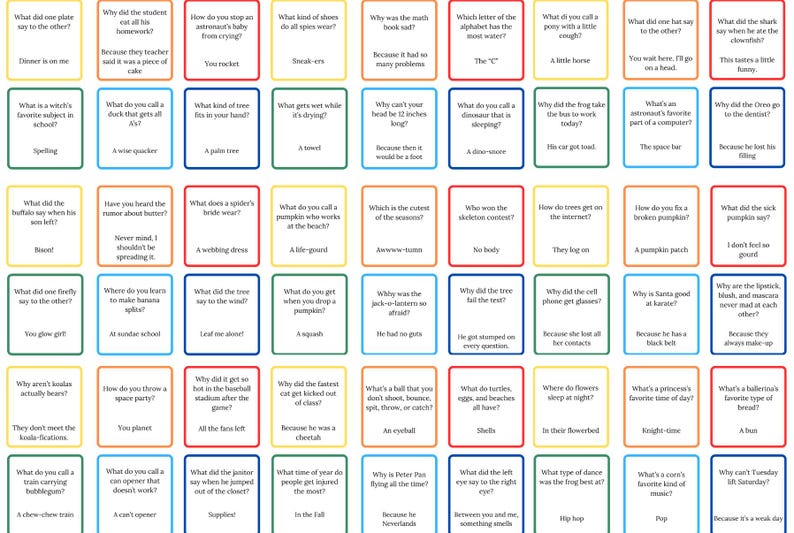 May include: A set of 36 colorful cards with questions and answers on them. The cards are arranged in a grid pattern and each card has a white border. The questions and answers are written in black text.