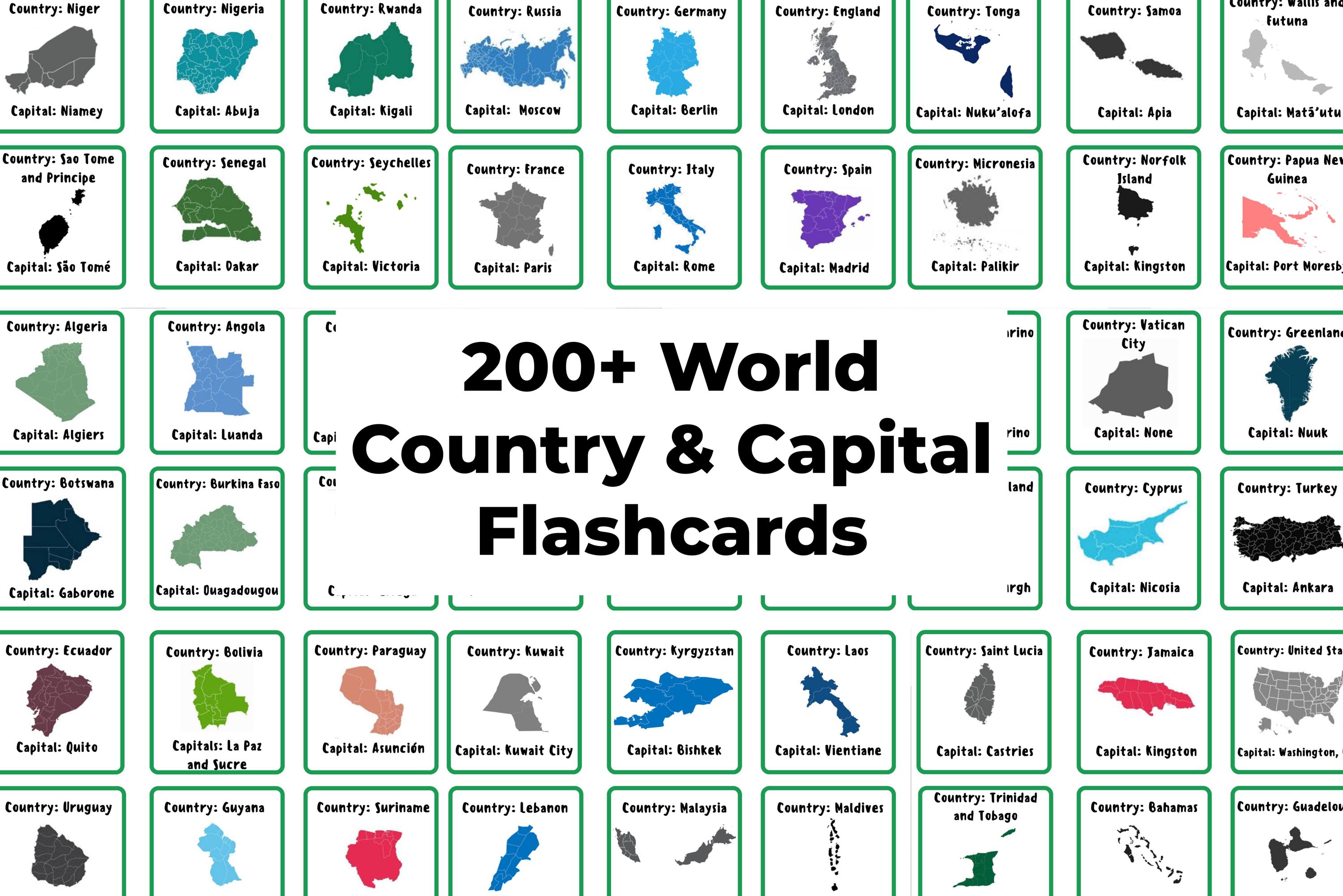 World Capitals Flashcards | Countries and Capitals Flash Cards | Capitals of the World Worksheet | Capitals of Europe, South America, Asia