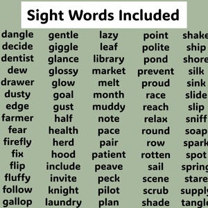 May include: A green background with the words "Sight Words Included" in black text. A list of 60 words in black text is organized in three columns. The words are common sight words used in early literacy.