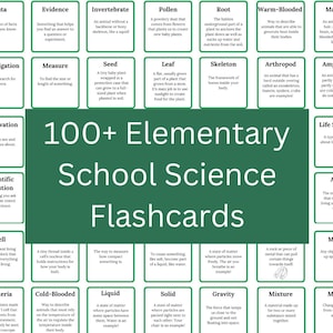 Op de afbeelding: Groene en witte flashcards met de tekst "100+ Basisschool Wetenschapsflitskaarten". De flashcards tonen verschillende wetenschappelijke termen en definities, zoals "Analyseren", "Data", "Bewijs", "Ongewervelde", "Stuifmeel", "Wortel", "Warmbloedig", "Zoogdier", "Organisme", "Hypothese", "Onderzoek", "Meting", "Zaad", "Blad", "Skelet", "Geleedpotige", "Amfibie", "Reptiel", "Natuurlijk", "Observatie", "Vastleggen", "Wetenschappelijke vraag", "Viscositeit", "Cel", "Levenswetenschappen", "Natuurkunde", "Atoom", "Chemische reactie", "Materie", "Mineralen", "Kern", "Bacteriën", "Koudbloedig", "Vloeistof", "Vast", "Zwaartekracht", "Mengsel", "Beweging", en "Rust".