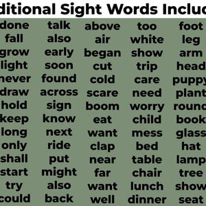 Puede incluir: Un gr&aacute;fico verde muestra palabras comunes, incluyendo "clean", "fall" y "hot". El t&iacute;tulo "Additional Sight Words Included" est&aacute; en la parte superior. Las palabras est&aacute;n dispuestas en columnas y filas.