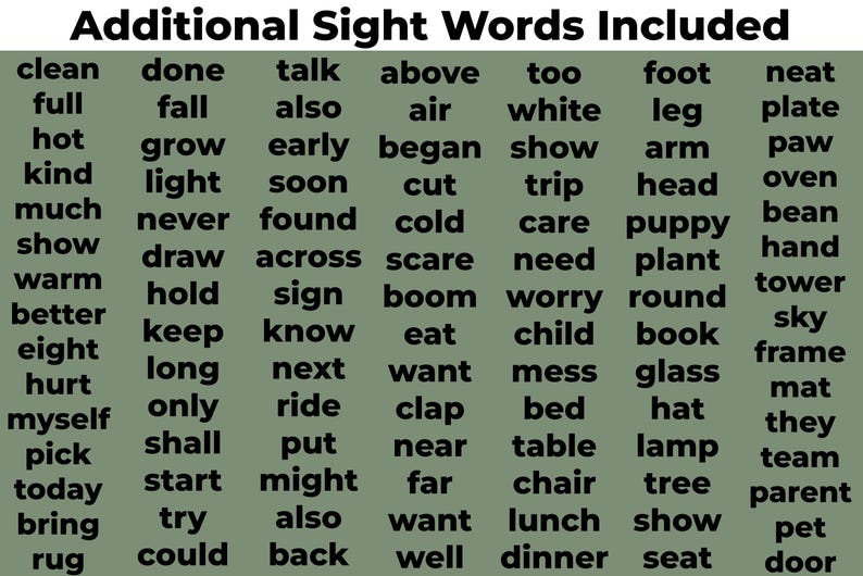 Puede incluir: Un gr&aacute;fico verde muestra palabras comunes, incluyendo "clean", "fall" y "hot". El t&iacute;tulo "Additional Sight Words Included" est&aacute; en la parte superior. Las palabras est&aacute;n dispuestas en columnas y filas.